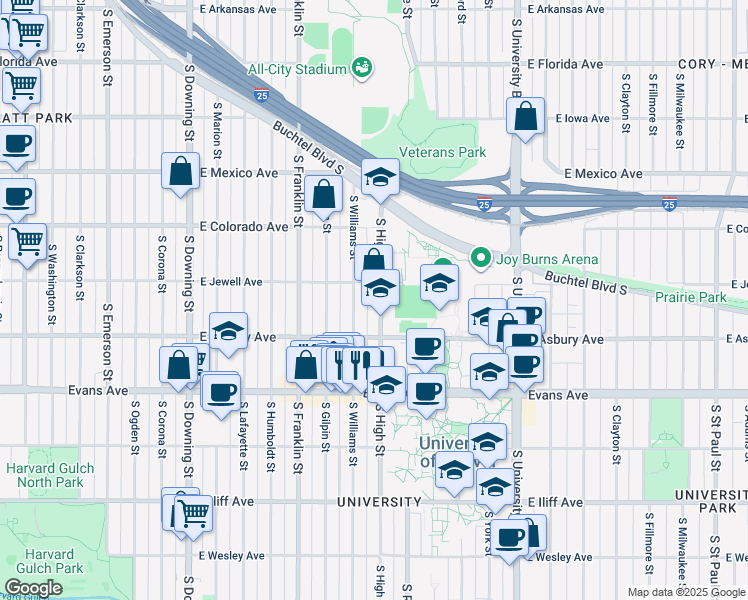 map of restaurants, bars, coffee shops, grocery stores, and more near 1957 South High Street in Denver