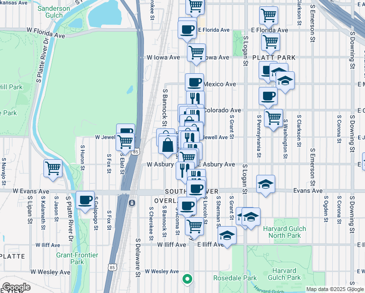 map of restaurants, bars, coffee shops, grocery stores, and more near 1959 South Broadway in Denver