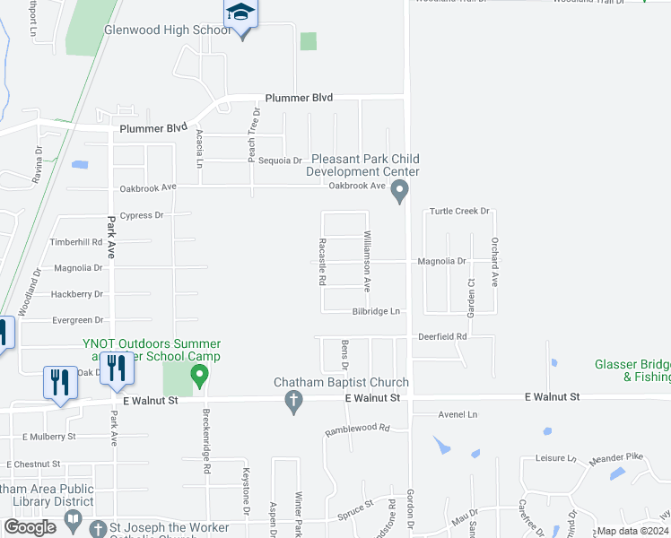 map of restaurants, bars, coffee shops, grocery stores, and more near 1606 Magnolia Drive in Chatham