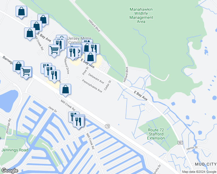 map of restaurants, bars, coffee shops, grocery stores, and more near 27 Cedar Street in Stafford Township