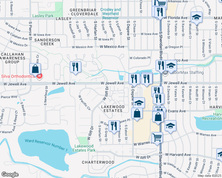 map of restaurants, bars, coffee shops, grocery stores, and more near 5842 West Atlantic Place in Lakewood