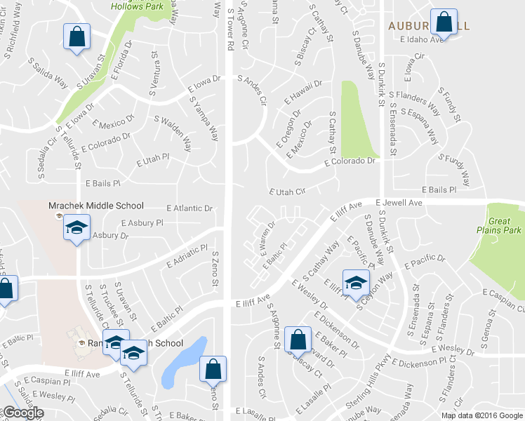 map of restaurants, bars, coffee shops, grocery stores, and more near 18 East Warren Circle in Aurora