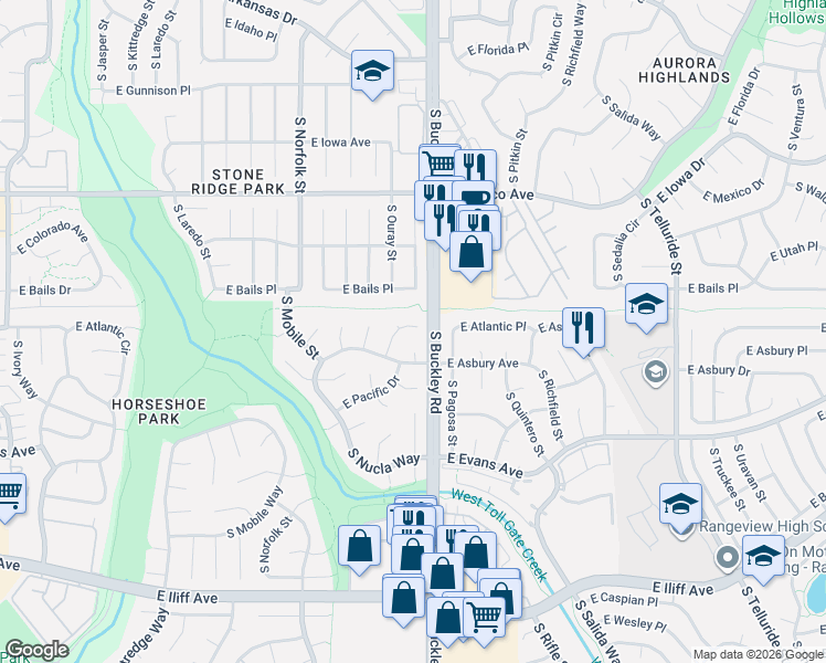 map of restaurants, bars, coffee shops, grocery stores, and more near 16885 East Asbury Avenue in Aurora