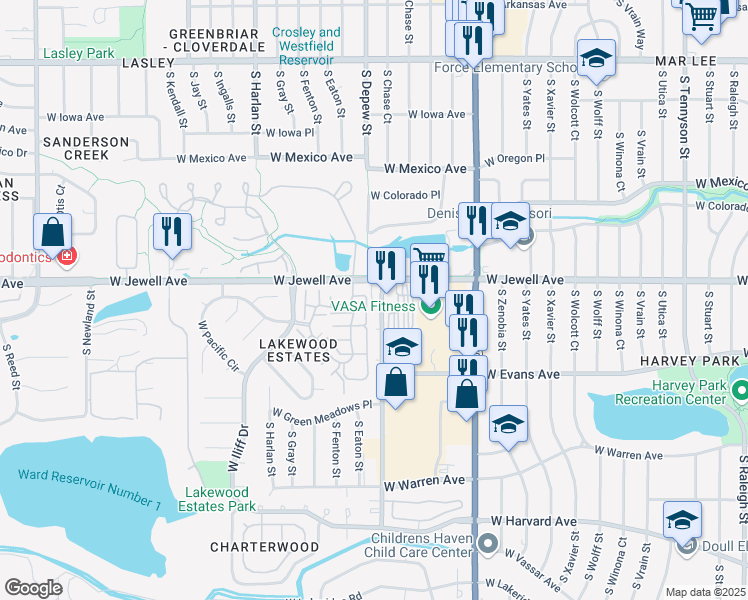 map of restaurants, bars, coffee shops, grocery stores, and more near 5420 West Jewell Avenue in Denver