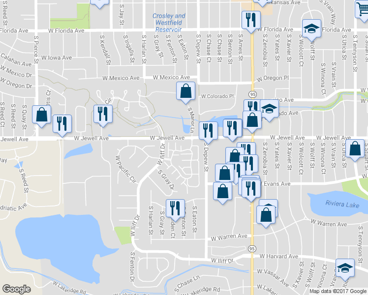 map of restaurants, bars, coffee shops, grocery stores, and more near 5730 West Atlantic Place in Lakewood