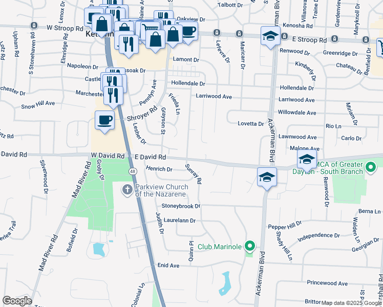 map of restaurants, bars, coffee shops, grocery stores, and more near 600 East David Road in Dayton