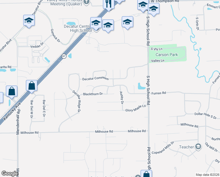 map of restaurants, bars, coffee shops, grocery stores, and more near 6646 Blackthorn Drive in Indianapolis