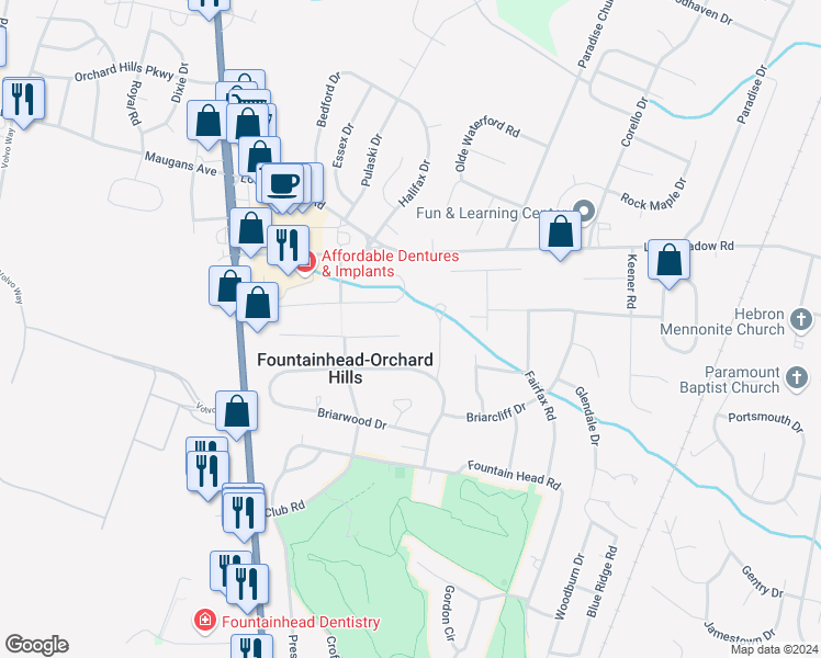 map of restaurants, bars, coffee shops, grocery stores, and more near 18824 Fountain Terrace in Hagerstown