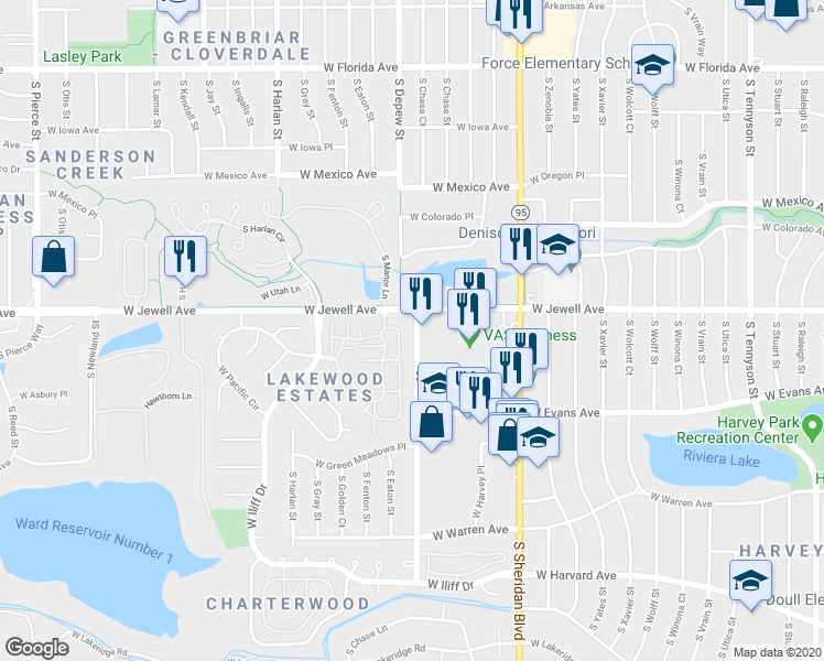 map of restaurants, bars, coffee shops, grocery stores, and more near 1925 South Depew Street in Denver