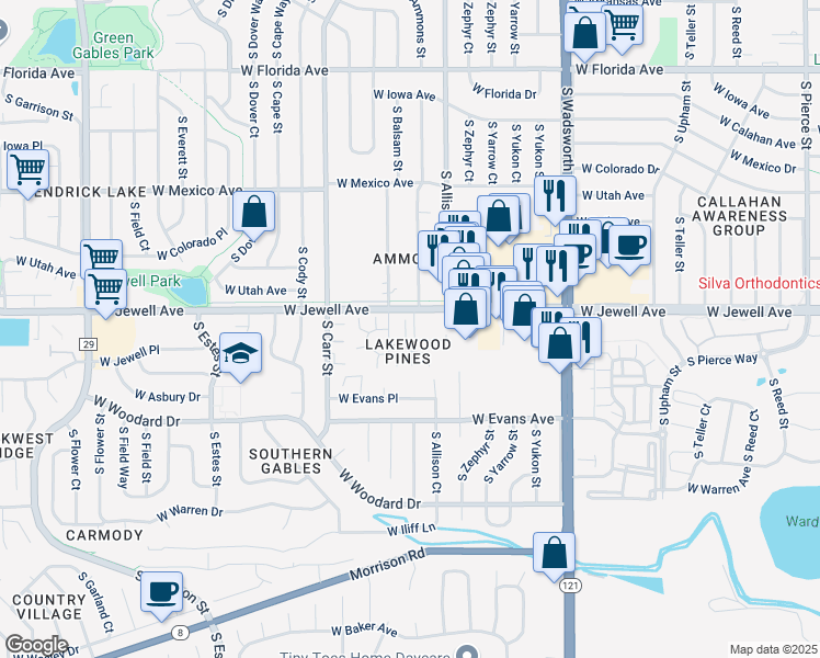 map of restaurants, bars, coffee shops, grocery stores, and more near 2060 South Balsam Street in Lakewood