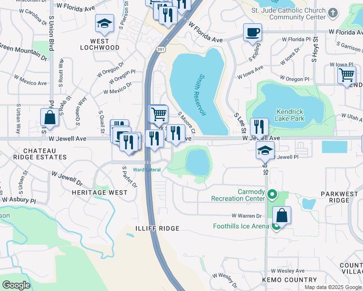 map of restaurants, bars, coffee shops, grocery stores, and more near 2010 South Oak Street in Lakewood
