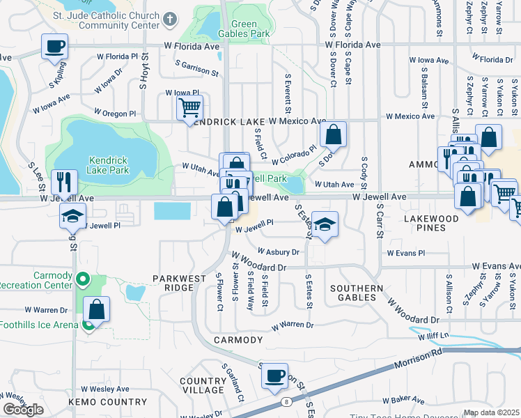 map of restaurants, bars, coffee shops, grocery stores, and more near 8941 West Jewell Place in Lakewood