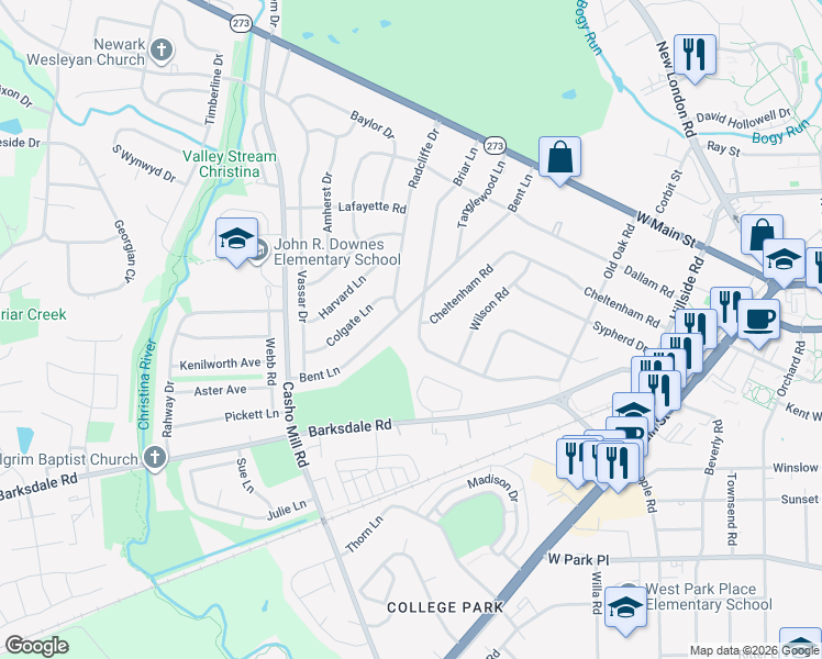 map of restaurants, bars, coffee shops, grocery stores, and more near 510 Briar Lane in Newark