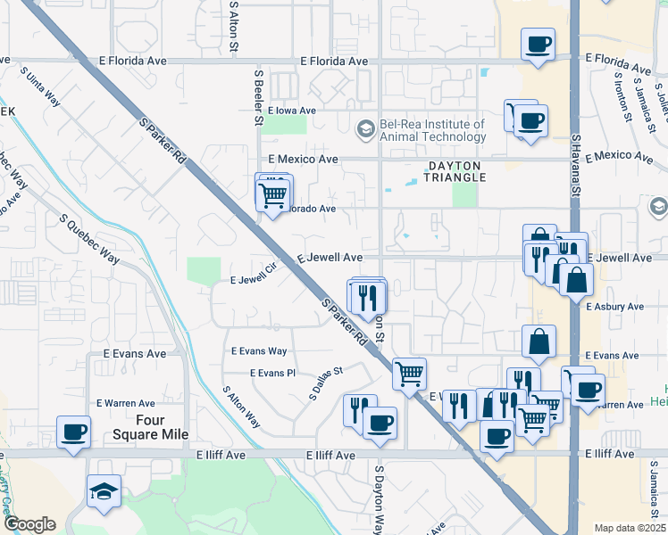 map of restaurants, bars, coffee shops, grocery stores, and more near 9560 East Jewell Avenue in Denver