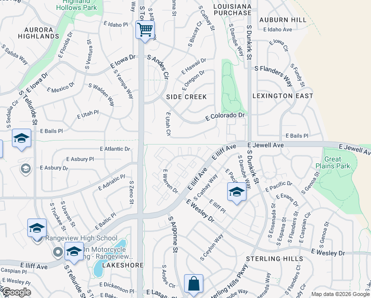map of restaurants, bars, coffee shops, grocery stores, and more near 18931 East Baltic Place in Aurora
