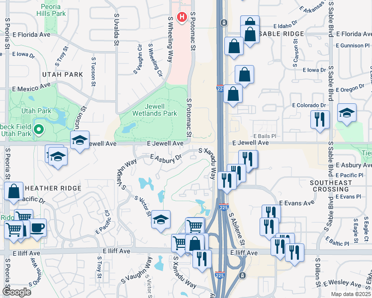 map of restaurants, bars, coffee shops, grocery stores, and more near 13592 East Asbury Drive in Aurora