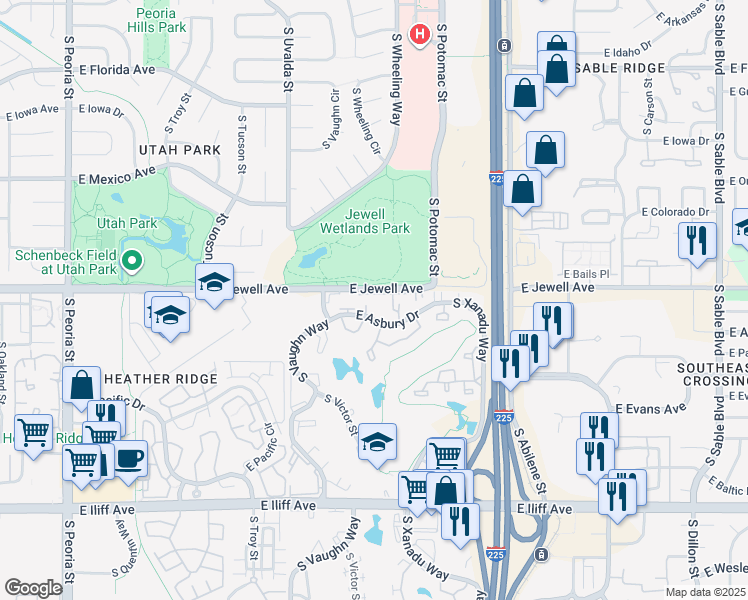 map of restaurants, bars, coffee shops, grocery stores, and more near 13308 East Asbury Drive in Aurora