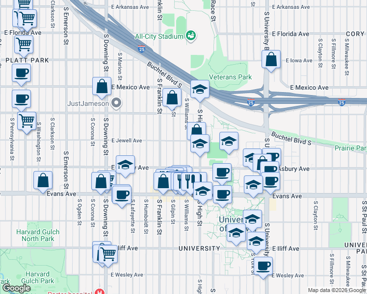 map of restaurants, bars, coffee shops, grocery stores, and more near 1960 South Gilpin Street in Denver