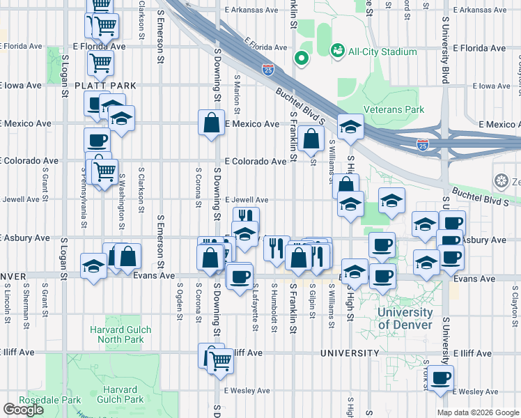 map of restaurants, bars, coffee shops, grocery stores, and more near 1963 South Lafayette Street in Denver