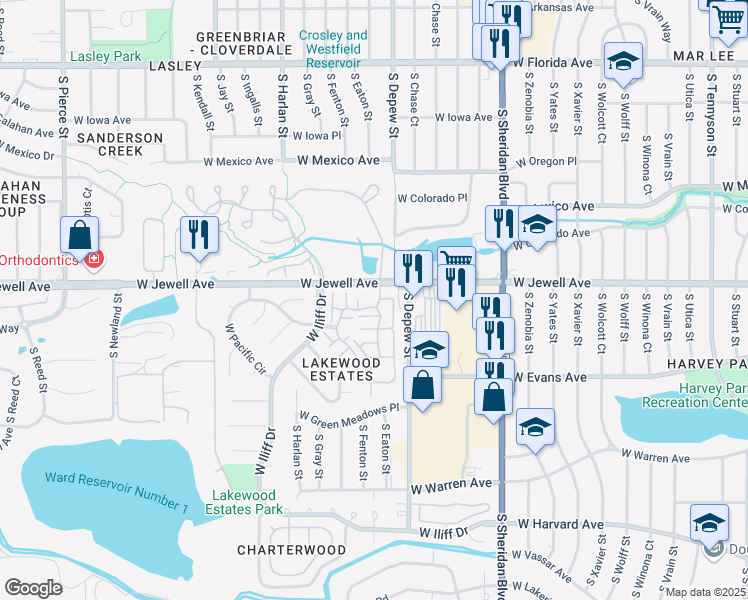 map of restaurants, bars, coffee shops, grocery stores, and more near 5730 West Atlantic Place in Lakewood
