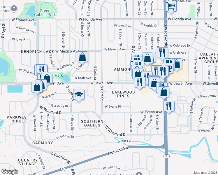 map of restaurants, bars, coffee shops, grocery stores, and more near 1962 South Carr Street in Lakewood