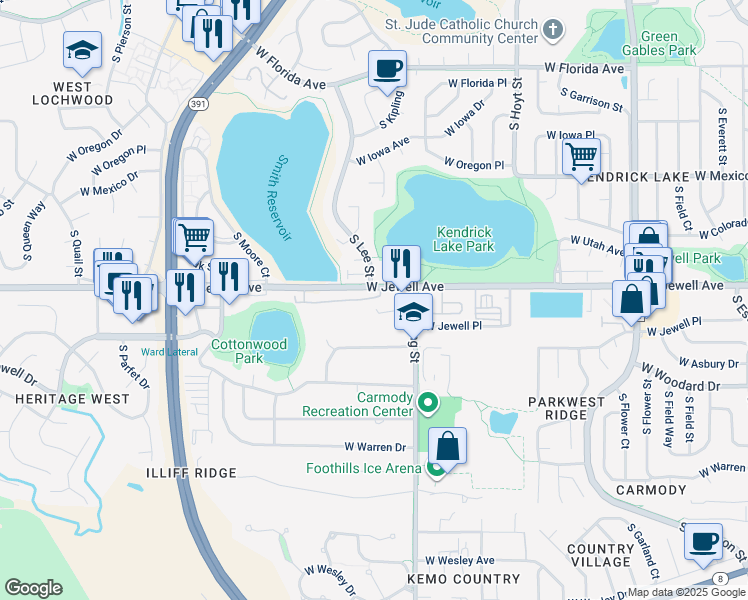 map of restaurants, bars, coffee shops, grocery stores, and more near 1919 South Kipling Street in Lakewood