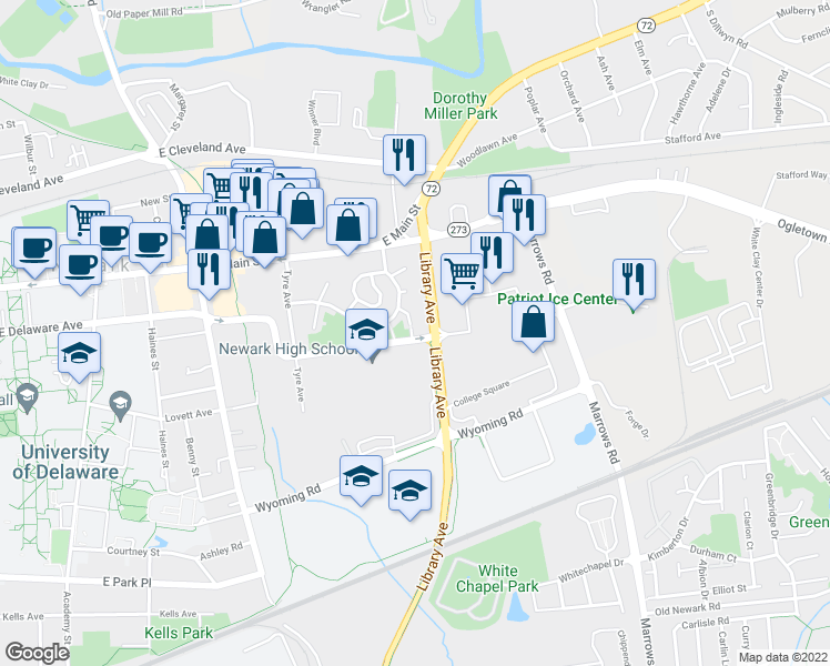 map of restaurants, bars, coffee shops, grocery stores, and more near 115 College Square in Newark