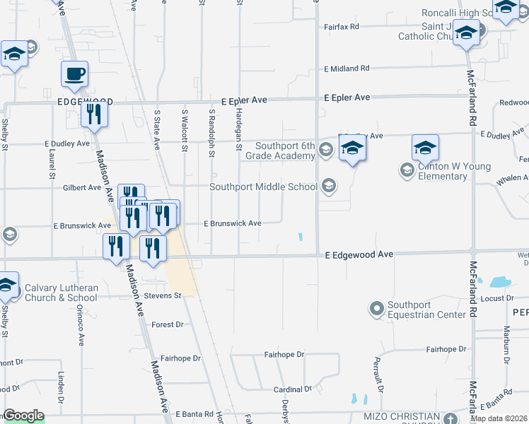 map of restaurants, bars, coffee shops, grocery stores, and more near 5902 Villa Avenue in Indianapolis