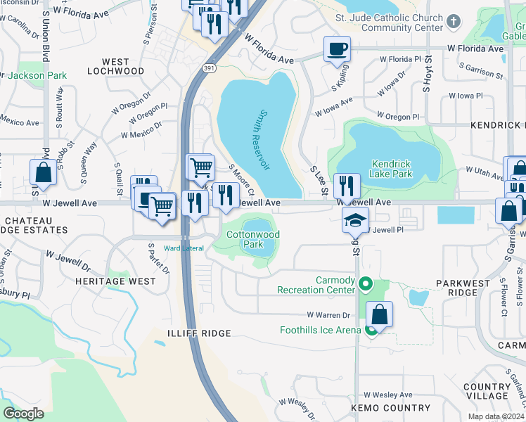 map of restaurants, bars, coffee shops, grocery stores, and more near 10520 West Jewell Avenue in Lakewood