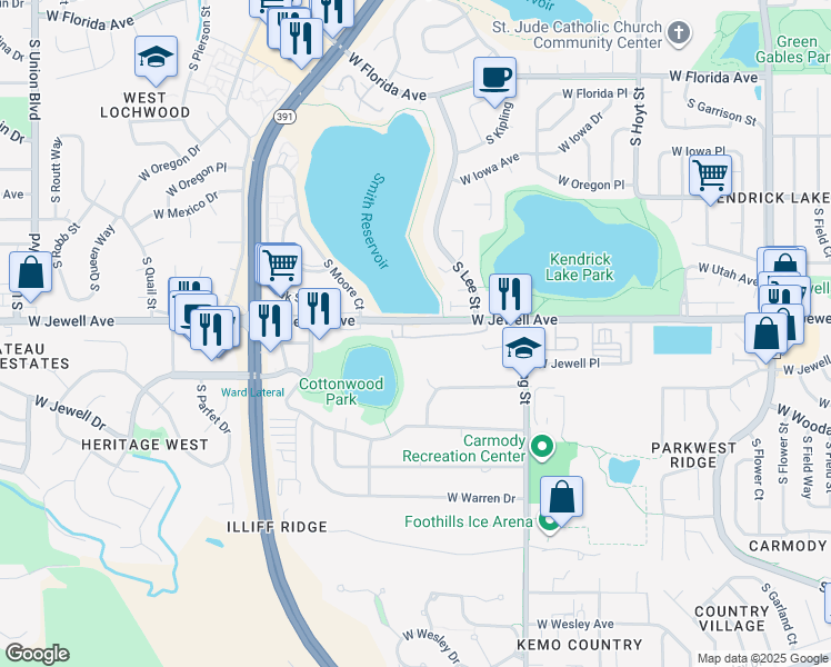 map of restaurants, bars, coffee shops, grocery stores, and more near 10420 West Jewell Avenue in Lakewood
