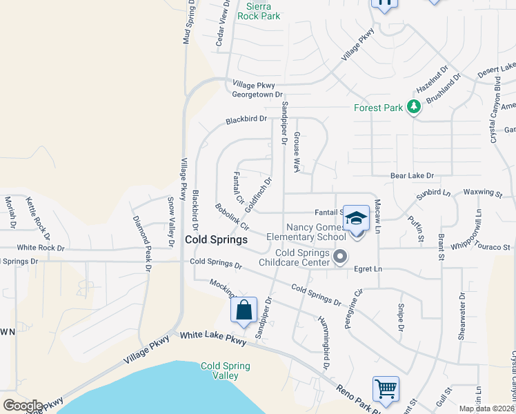 map of restaurants, bars, coffee shops, grocery stores, and more near 3930 Bobolink Circle in Reno
