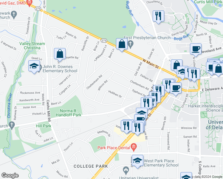 map of restaurants, bars, coffee shops, grocery stores, and more near 211 Hullihen Drive in Newark