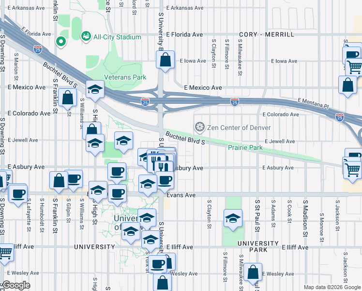map of restaurants, bars, coffee shops, grocery stores, and more near 1955 South Josephine Street in Denver