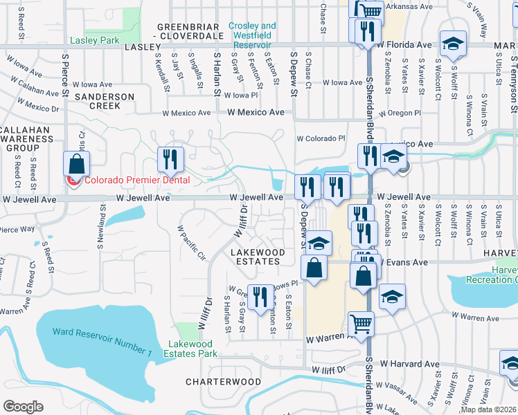 map of restaurants, bars, coffee shops, grocery stores, and more near in Lakewood