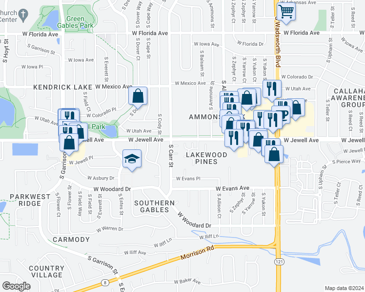 map of restaurants, bars, coffee shops, grocery stores, and more near 1945 South Balsam Street in Lakewood