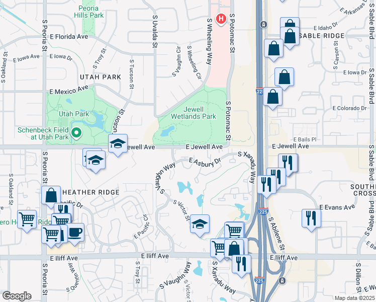map of restaurants, bars, coffee shops, grocery stores, and more near 13250 East Jewell Avenue in Aurora