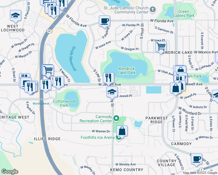 map of restaurants, bars, coffee shops, grocery stores, and more near 1901 South Kipling Street in Lakewood