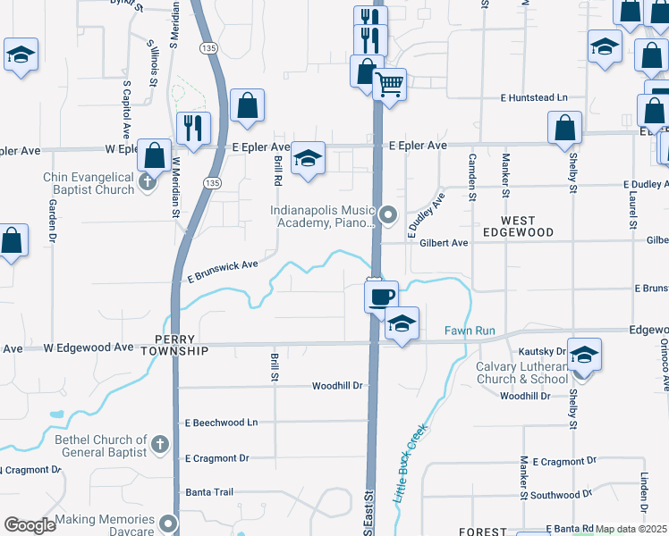 map of restaurants, bars, coffee shops, grocery stores, and more near 5800 Ransdell Street in Indianapolis