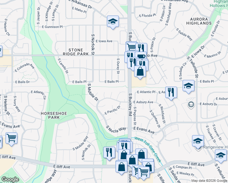 map of restaurants, bars, coffee shops, grocery stores, and more near 16768 East Bails Place in Aurora
