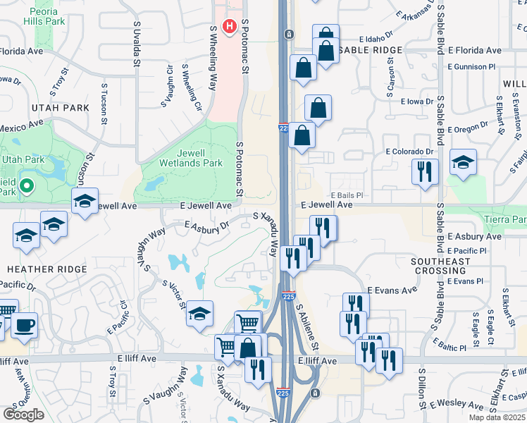 map of restaurants, bars, coffee shops, grocery stores, and more near 1840 South Potomac Street in Aurora