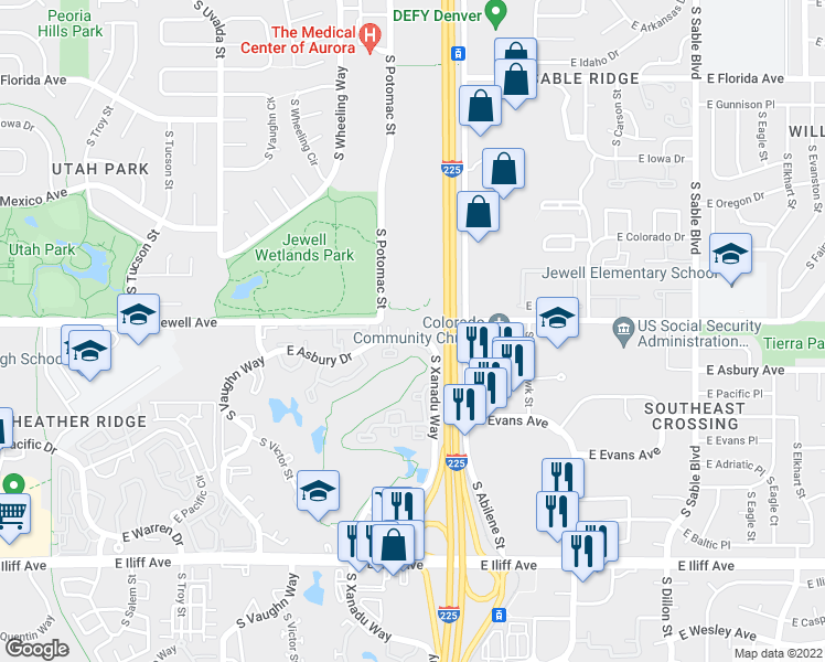 map of restaurants, bars, coffee shops, grocery stores, and more near 1840 South Potomac Street in Aurora