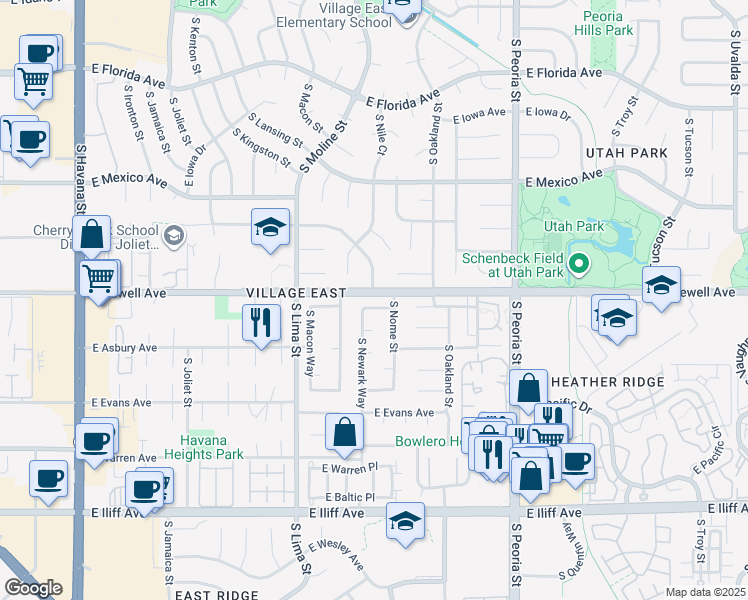 map of restaurants, bars, coffee shops, grocery stores, and more near 11671 East Colorado Drive in Aurora