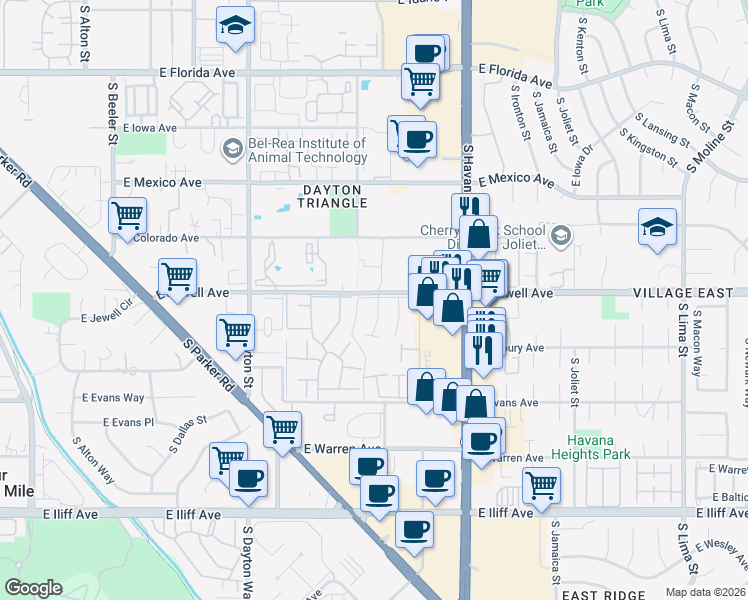 map of restaurants, bars, coffee shops, grocery stores, and more near 10150 East Colorado Avenue in Denver