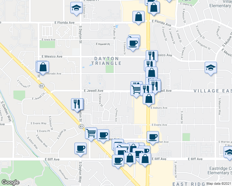 map of restaurants, bars, coffee shops, grocery stores, and more near 1854 South Fulton Street in Denver
