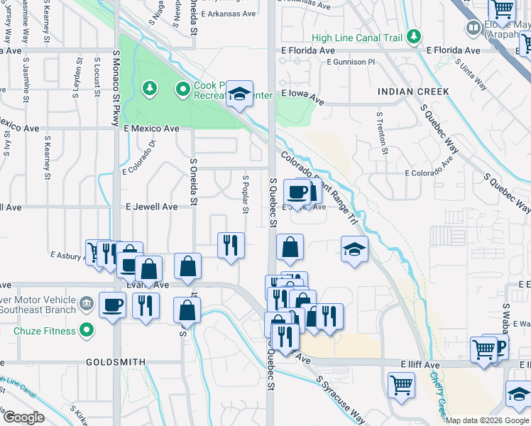 map of restaurants, bars, coffee shops, grocery stores, and more near 7210 East Colorado Avenue in Denver