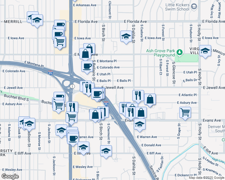 map of restaurants, bars, coffee shops, grocery stores, and more near 4560 East Bails Place in Denver