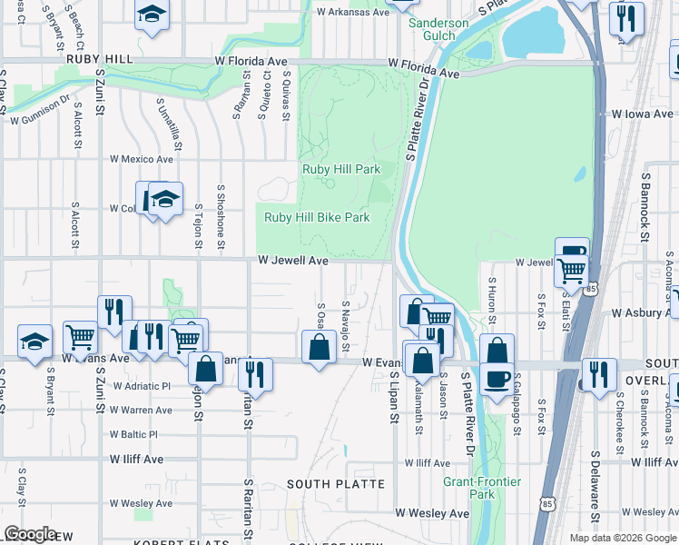 map of restaurants, bars, coffee shops, grocery stores, and more near in Denver