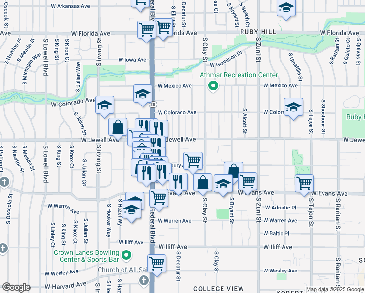 map of restaurants, bars, coffee shops, grocery stores, and more near 1896 South Decatur Street in Denver