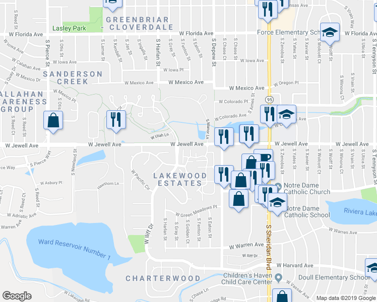 map of restaurants, bars, coffee shops, grocery stores, and more near in Lakewood