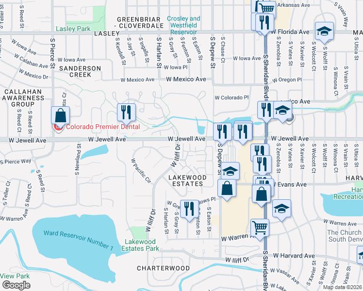 map of restaurants, bars, coffee shops, grocery stores, and more near in Lakewood